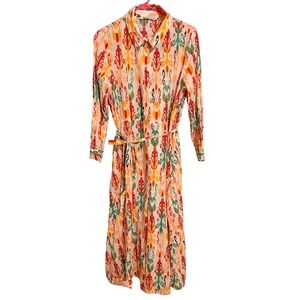 Zara Ikat Print Cotton Midi Shirt Dress Orange Green XL Button Front Waist Tie